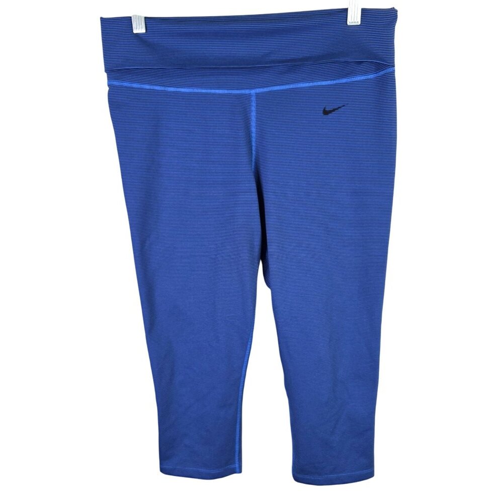 Womens Nike Dri-Fit Blue Striped Legend 2.0 Foldover Waistband Capri Leggings L